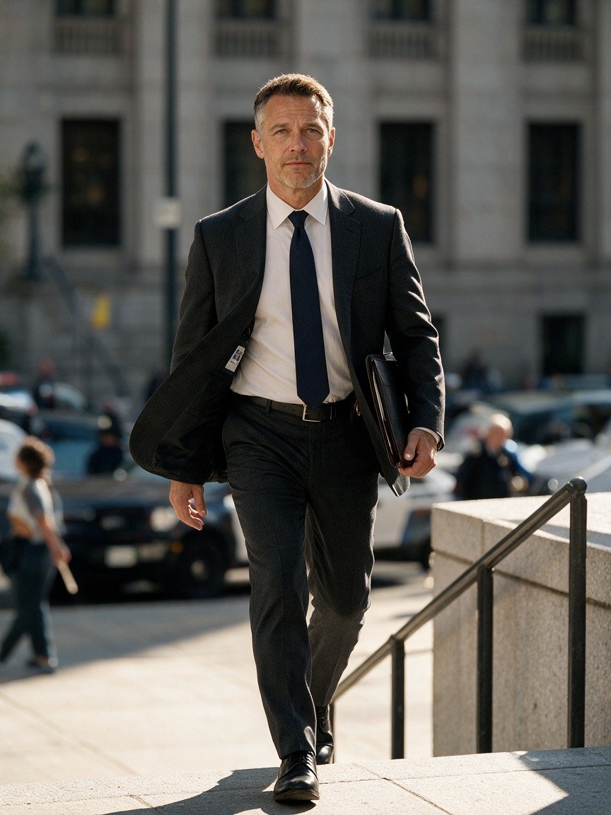 Fred in an FBI suit outdoors