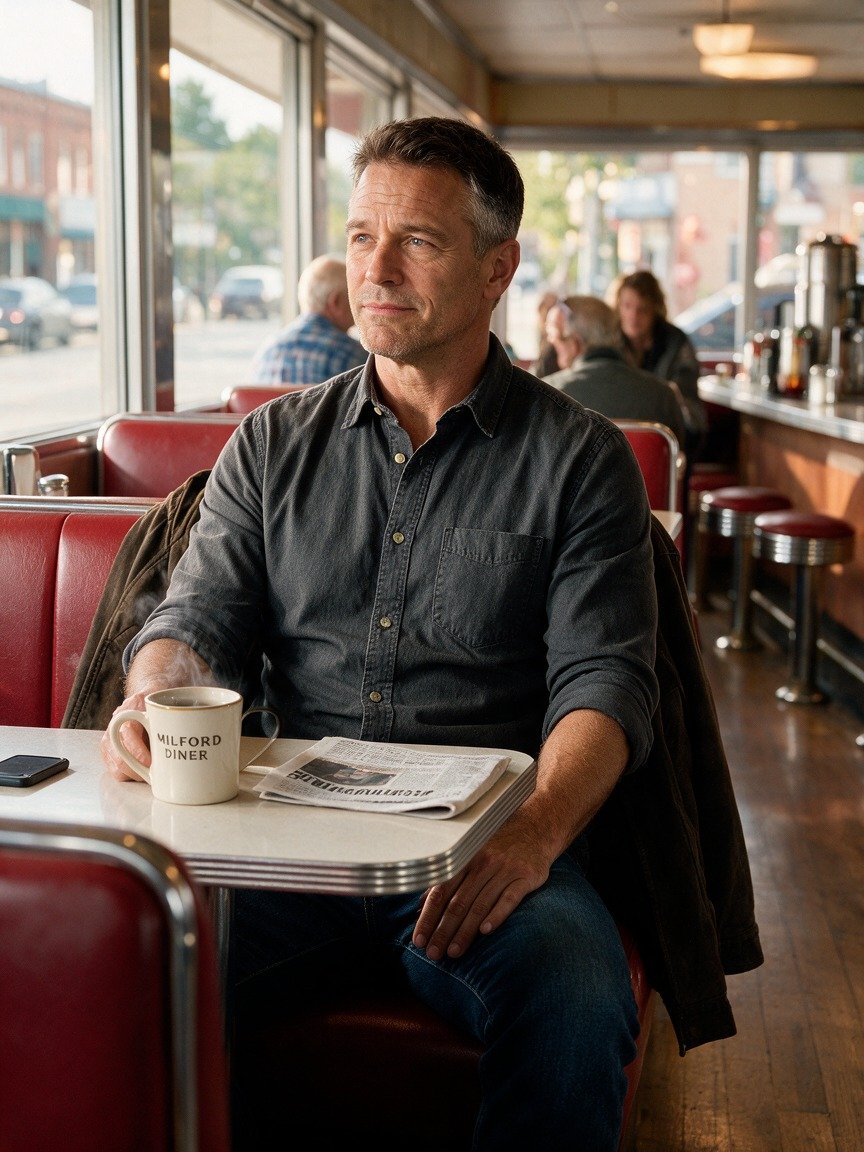 Fred sitting in a diner