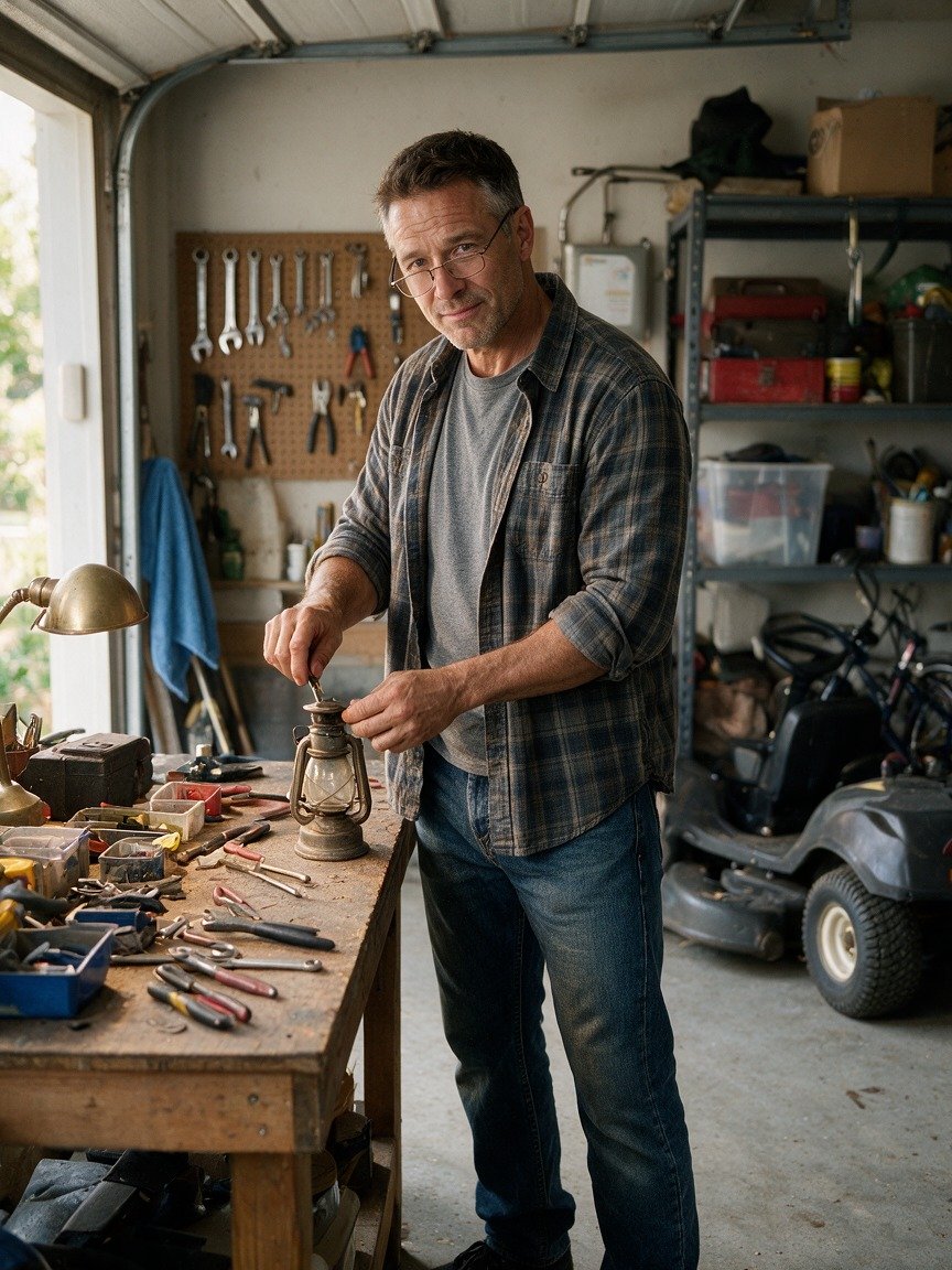 Fred working in a garage